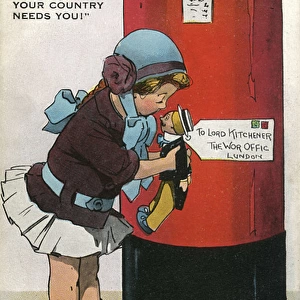 Patriotic British postcard, girl with doll, WW1
