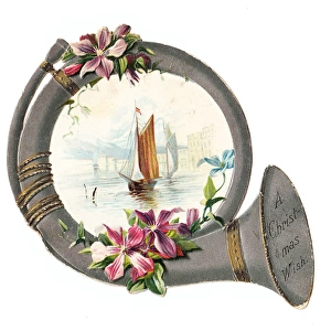 Pink flowers on a horn-shaped Christmas card