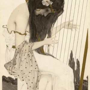 Raphael Kirchner - Art Nouveau Girl playing the harp