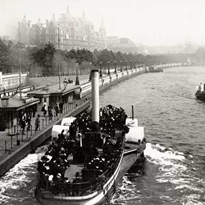 River Thames Embankment and steam launch, London