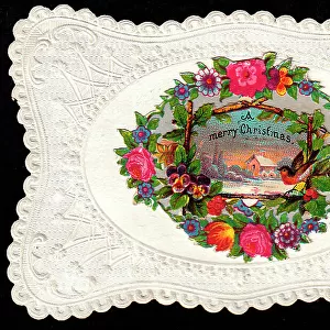 Robin, flowers and snow scene on a Christmas card