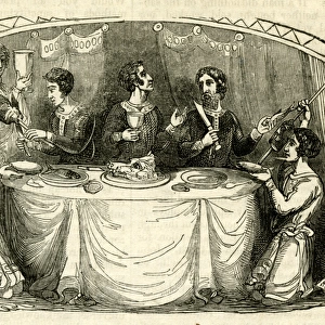 Saxon men at a table enjoying a banquet