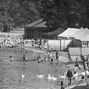 Serpentine Lido, 1938 Print: Bathers and Swans in Hyde Park Serpentine Lido, 1938 Print: Bathers and Swans in Hyde Park