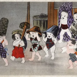 Seven young Japanese toddlers fooling around