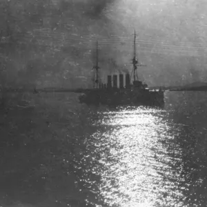 Ship with four funnels at sea by night, WW1