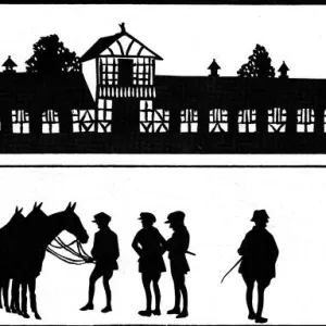 Silhouette of polo stables, horses and players