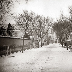Snowy street in Tienstin (Tianjin) China, circa 1880s