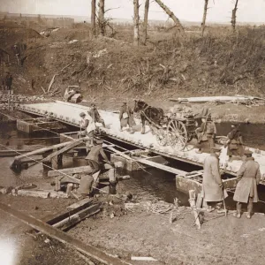 Soldiers building pontoon bridge, Flanders, WW1