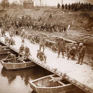 Soldiers building pontoon bridge, Flanders, WW1