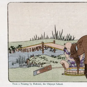 Traveller washing his horse at Hodogaya station by Hokusai