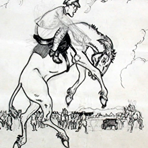 Unfinished cartoon sketch of bucking horse and rider
