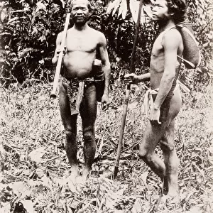 Vintage 19th century photograph: Sakai people, with blowpipes, Dutch East Indies