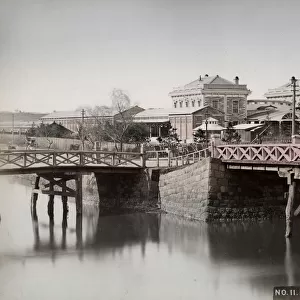 Vintage late 19th century photograph: Oebashi, bridge at the railway station, Yokohama