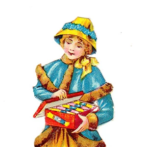 Woman with box of crackers on a Victorian Christmas scrap
