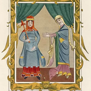 Two women in dress of the 12th century with a decorative border featuring golden