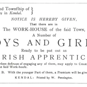 Workhouse Apprentices Handbill, Kendal Print, 1820s Workhouse Apprentices Handbill, Kendal Print, 1820s