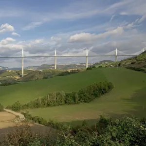 Millau viaduct spanning the Tarn Gorge, southern France. At 336 metres the cable-stayed Viaduc de Millau is the highest bridge in the world and 2. 5 kms long