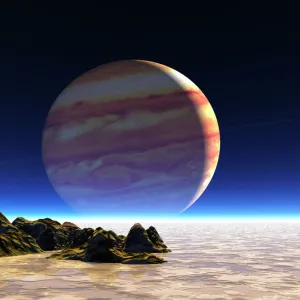 Artwork of Europas surface with Jupiter in sky