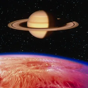 Artwork of Saturn seen from its moon Titan