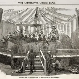 Print of a dinner scene in an Iguanodon model, 1854 Illustrated London News Print of a dinner scene in an Iguanodon model, 1854 Illustrated London News