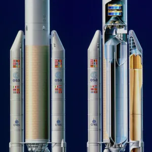 Overall view and cut-away of the Ariane 5 launcher