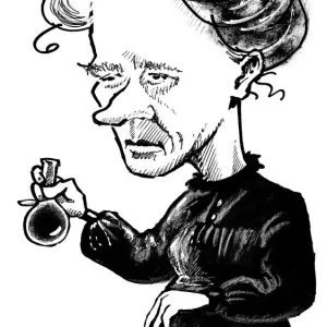 Print of a caricatured Marie Curie holding a round bottomed flask Print of a caricatured Marie Curie holding a round bottomed flask