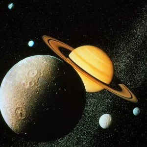 Voyager I composite of Saturn & six of its moons