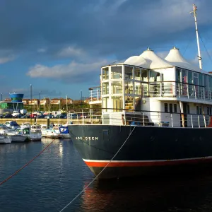 England, Tyne & Wear, Royal Quays. The Earl of Zetland was once a ferry working in the Sheltland Isles. Now it is a floating bar and restaurant moored in the Albert Edward Dock at the Royal Quays Marina in