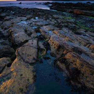 Sunrise over King Edwards Bay viewed from near Sharpness Point. The remains of Tynemouth Priory can be seen to