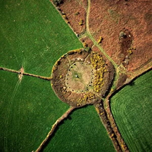 Aerial image of Boscawen-Un Stone Circle, with gorse flowers, St. Buryan