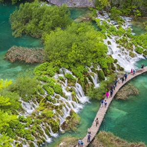 Aerial view of the boardwalk at Plitvice Lakes National Park, UNESCO World Heritage Site