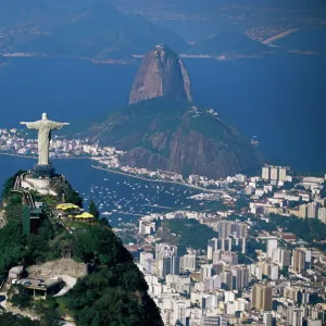 Aerial view of city with the Cristo Redentor (Christ the Redeemer) statue in foreground