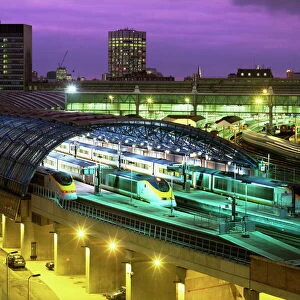Aerial view over the modern Eurostar terminal and trains at dusk, Waterloo Station