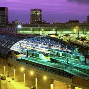 Aerial view over the modern Eurostar terminal and trains at dusk, Waterloo Station