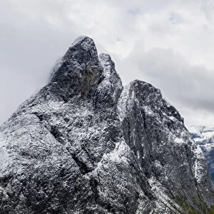 Aerial view of the rocky peak of Romsdalshornet, Venjesdalen valley, Andalsnes, More