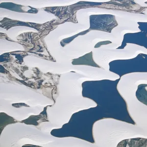 Aerial view of the sandy dunes and lagoons, part of Parque Nacional dos Lencois Maranhenses