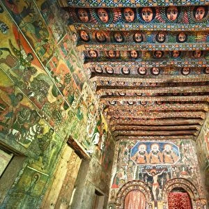 Ancient wall paintings in the interior of the Debre Birhan Selassie Church, Gondar, Ethiopia, Africa