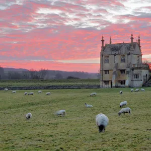 Banqueting House of Campden House and sheep at sunset, Chipping Campden, Cotswolds