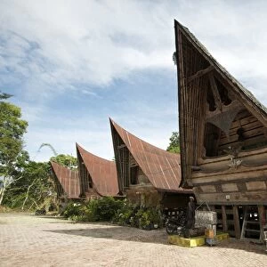 Batak Toba village houses with high ended roof and tribal carvings, Tomuk, Samosir Island, Sumatra, Indonesia, Southeast Asia, Asia