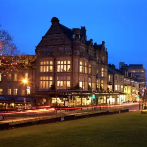 Bettys and Parliament Street at dusk, Harrogate, North Yorkshire, Yorkshire