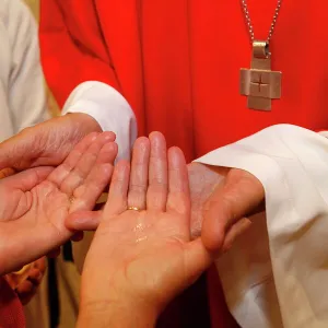 Bishop anointing a sick person, Lourdes, Hautes Pyrenees, France, Europe