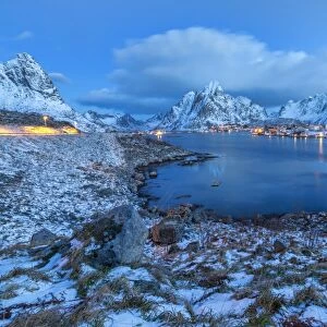 Blue of dusk dominates the scenery in Reine, Lofoten Islands, Arctic, Norway, Scandinavia