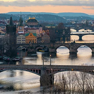 Bridges over Vltava River against sky seen from Letna Park at dusk, Prague, Bohemia, Czech Republic (Czechia), Europe