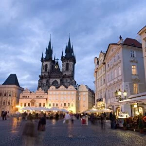 Cafes on the Old Town Square in the evening, with the Church of Our Lady before Tyn in the background, Old Town, Prague, Czech