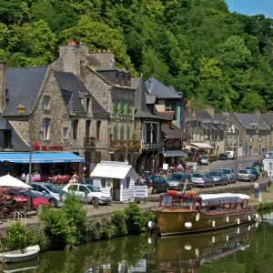 Cafes and restaurants, Dinan harbour beside the Rance River, Dinan, Brittany, France, Europe