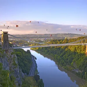 Clifton Suspension Bridge with hot air balloons in the Bristol Balloon Fiesta in August