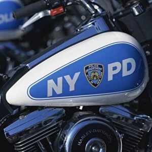 Close-up of Harley Davidson motorcycle with insignia of the City of New York Police Department