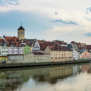 Danube River and skyline of Regensburg, UNESCO World Heritage Site, Bavaria, Germany