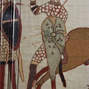 Muerte del Rey Haraldo en el Tapestre de Bayeux número 69 en Normandía Francia Europa Muerte del Rey Haraldo en el Tapestre de Bayeux número 69 en Normandía Francia Europa