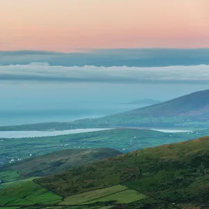 Dingle Bay at dawn from Conor Pass, Dingle Peninsula, County Kerry, Munster, Republic of Ireland